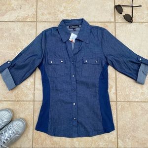 Love University Blue Dark Wash Denim-like Button Down Top